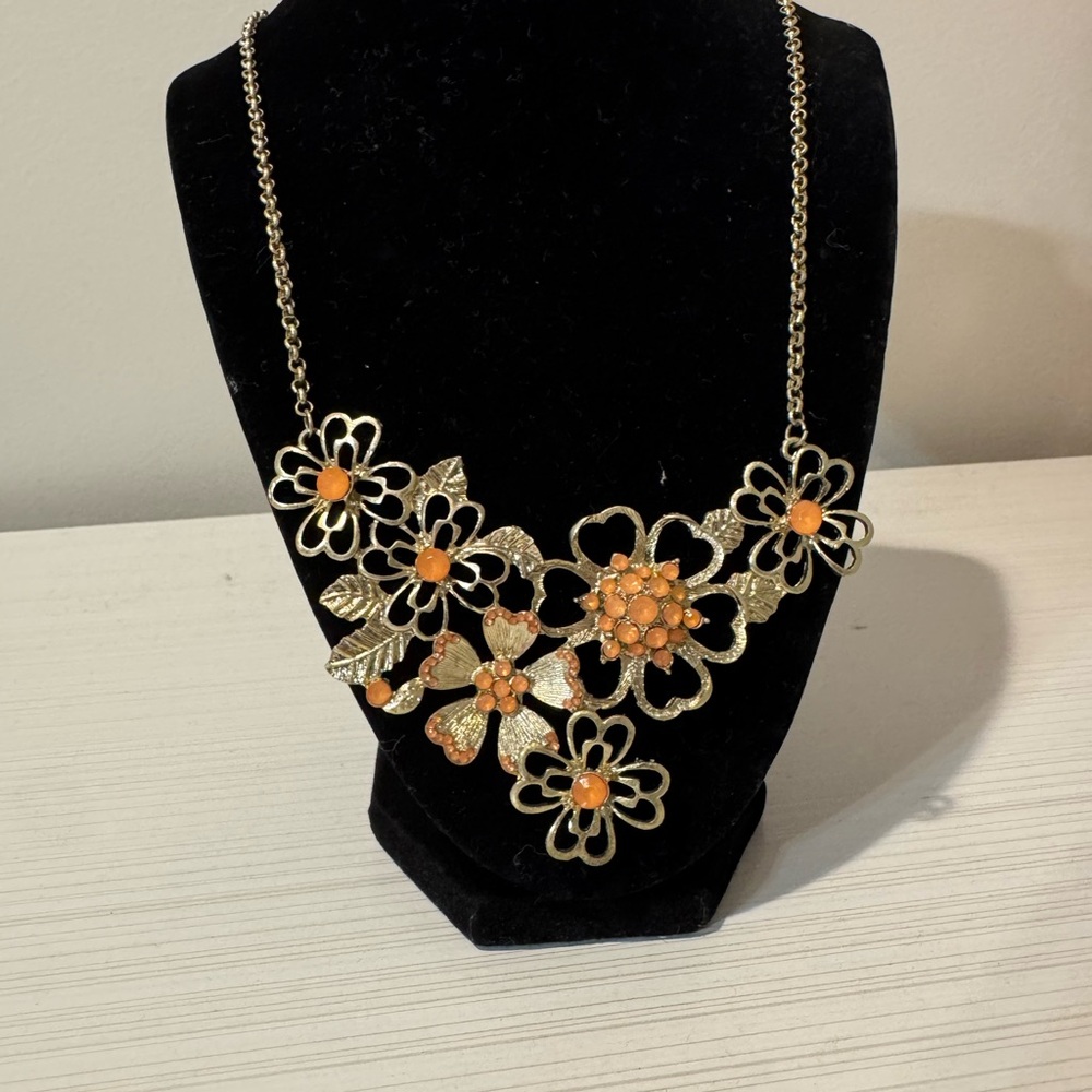 Floral Gold and Orange Necklace